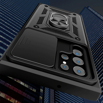 Gepanzerte Hülle mit Kameraabdeckung Alogy Camshield Stand Ring für Samsung Galaxy S22 Ultra schwarz