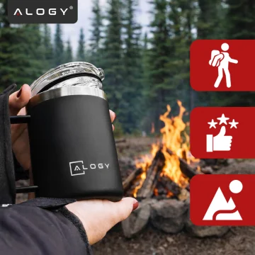 Thermobecher 420 ml mit Henkel und Deckel für Kaffee, Tee, Stahl, Kalt- und Heißgetränke, Alogy Black