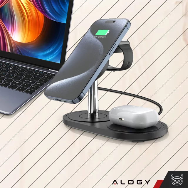 3v1 indukční nabíječka pro telefon hodinky sluchátka Alogy Qi nabíječka pro Apple iPhone Watch AirPods černá