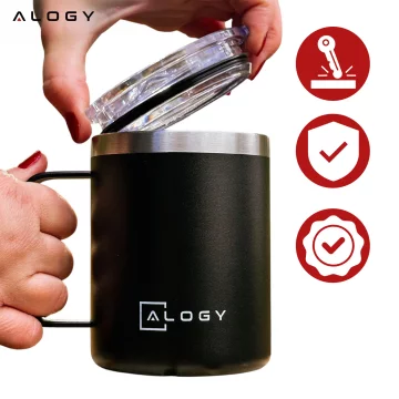 Thermal mug 420 ml with a handle and lid for coffee, tea, steel, cold and hot drinks, Alogy Black
