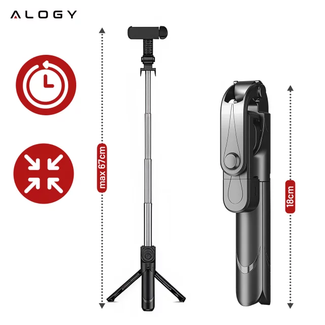 Selfie tyč stativ Stativový držák telefonu Alogy Tripod selfie tyč Bluetooth 360 dálkové ovládání Black