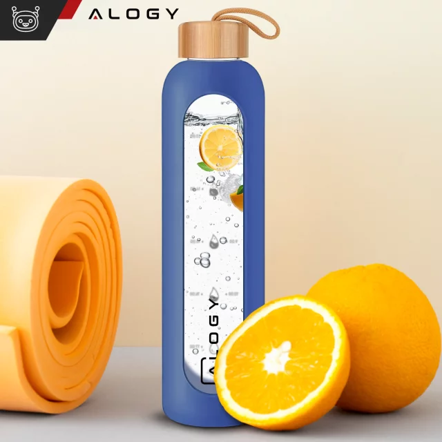 Alogy Large Glass Bottle Drinking Bottle Motivational Measuring Cup 1l 1000ml Silicone Case Blue