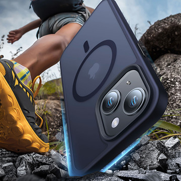 Hülle für iPhone 15 Plus MagSafe Matt Case Cover mattiert Alogy Ring gepanzerte Handyhülle Marineblau