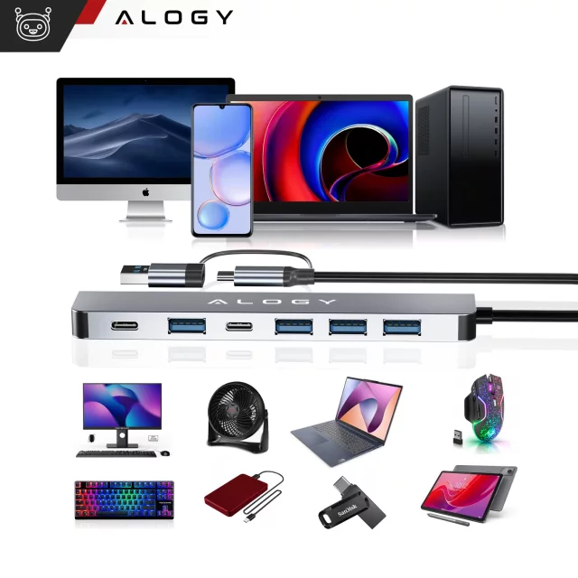 Alogy HUB Splitter Adapter for Laptop Computer USB-C to 3x USB-A 2.0 1x USB-A 3.0 Gray