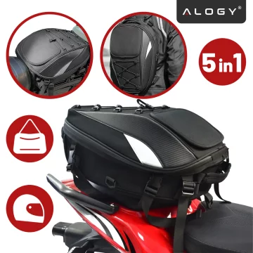 Plecak torba motocyklowa wodoodporna 40L – 5w1 – kufer, podsiodłowa, bagażnikowa, na kask, z pokrowcem, Nylon, torba miejska na motocykl – Alogy RoadMaster™ Czarna