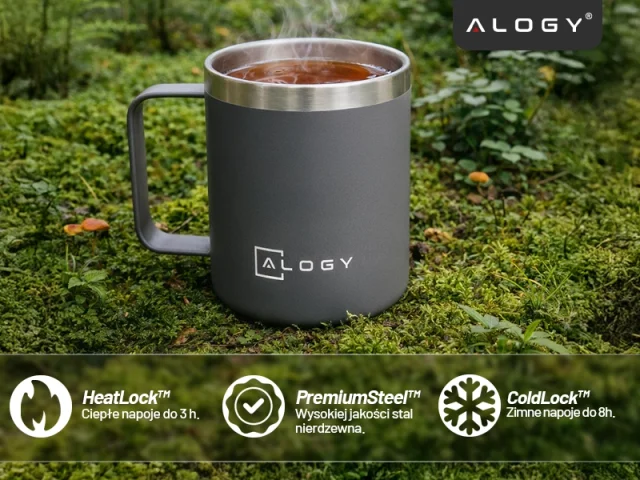 Thermobecher 420 ml mit Henkel und Deckel für Kaffee, Tee, Stahl, Kalt- und Heißgetränke Alogy Grey