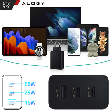 Rychlá 65W nabíječka do zdi 2x USB-C typ C PD USB-A USB Alogy 3 porty silné černé pouzdro
