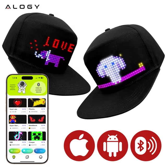 Czapka z daszkiem z oświetleniem LED RGB Piksele bluetooth Alogy PixelCap™ led telefon komórkowy sterowana aplikacją pixel Czarna
