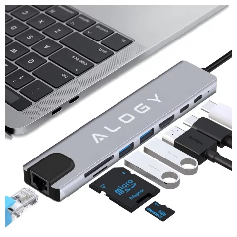 Hub 8in1 USB-C to 2xA 2xC HDMI SD Micro LAN 100mb – Alogy MultiHub™ For Notebook Laptop