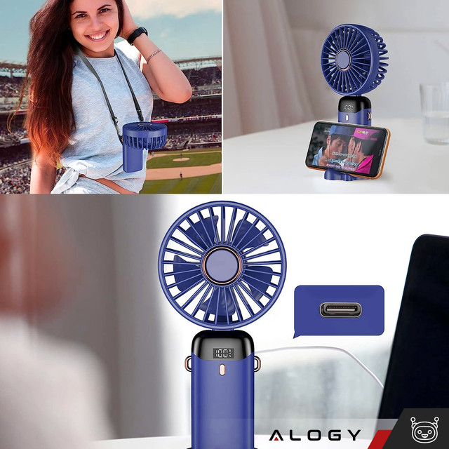 Fan Fan Handheld Fan Wireless Alogy Desktop Portable Handheld with Phone Holder USB-C Navy Blue