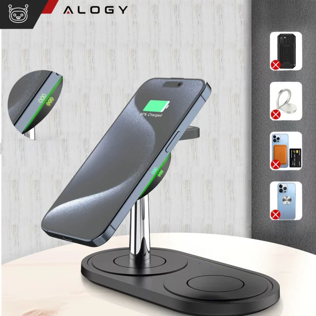 3v1 indukční nabíječka pro telefon hodinky sluchátka Alogy Qi nabíječka pro Apple iPhone Watch AirPods černá