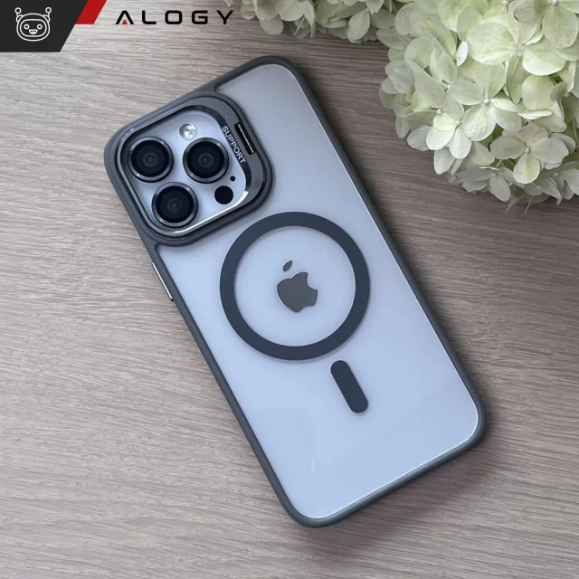 Etui hybrydowe ochronne do Apple iPhone 16 Pro Max Alogy KickStand Hybrid Case z podpórką do MagSafe Szare + szkło hartowane