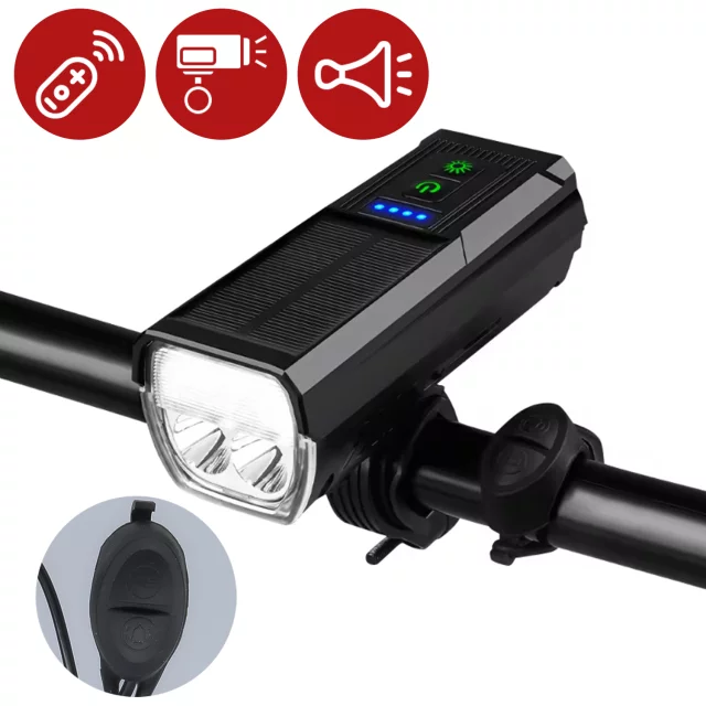 Solární přední světlo na kolo LED přední světlo na kolo se solárním panelem, super silné osvětlení 1000LM 4400MAH, vodotěsné světlo na kolo, černé