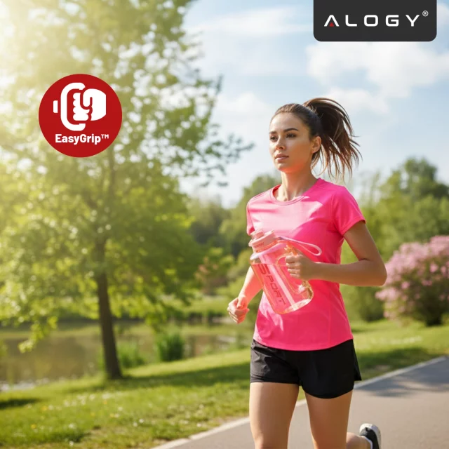 Duża Butelka Motywacyjna na Wodę 1.7L Bidon Sportowy z Miarką, Uchwytem i Pokrywką 2w1 (Dzióbek + Słomka), Wygodna i Szczelna, Alogy Sport 1700ml – Różowa