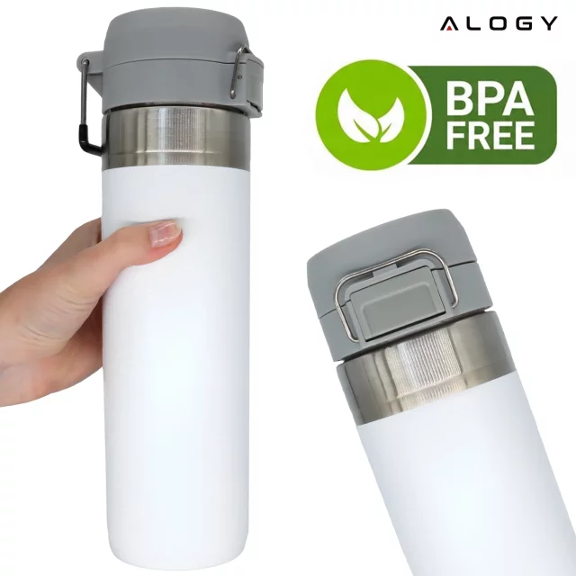 Kubek termiczny Termos Alogy ThermoGo™ 800ml Stalowy Szczelny Pakowny Podróżny do Kawy i Herbaty Sportowy Długo Trzymający Ciepło do Auta i Plecaka Biały