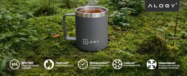 Kubek termiczny 420ml z uchwytem pokrywką na kawę herbatę stalowy zimne i ciepłe napoje Alogy Szary