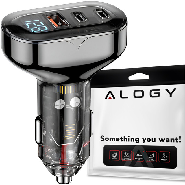 Car charger 2x USB-C C PD 36W USB QC 3.0 LED fast for phone, powerful 72W Alogy black