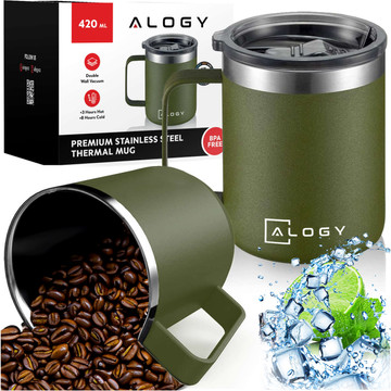 Thermal mug 420ml with handle lid for coffee, tea, steel, cold and hot drinks Alogy Green Washing brush