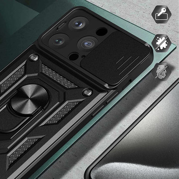 Armored case for iPhone 15 Pro Camshield Case Ring Alogy Stand with slide camera cover black Glass