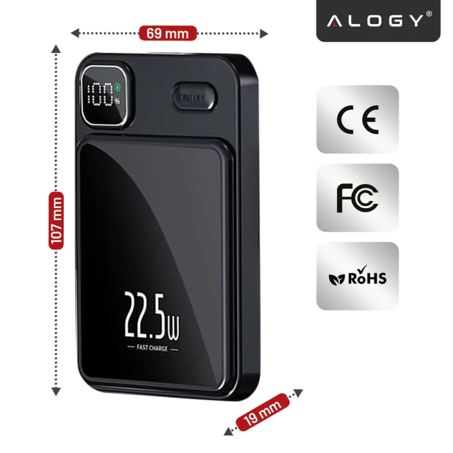 PowerBank Bezprzewodowy 10000mAh z Technologią MagSafe, Szybkie Ładowanie 22.5W PD20W, Kompaktowy i Magnetyczny, Alogy MagCharge™ – Czarny