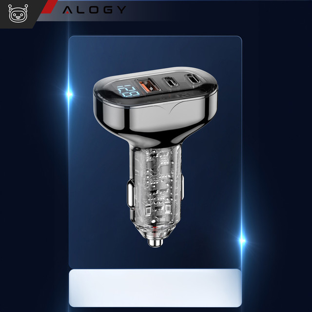 Car charger 2x USB-C C PD 36W USB QC 3.0 LED fast for phone, powerful 72W Alogy black