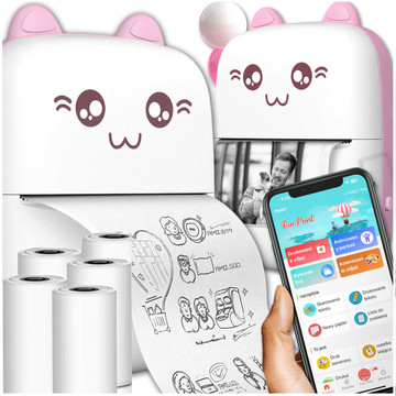 Drukuś Thermal Printer with 6 Rolls of Thermal Paper for Kids Pink