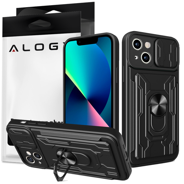 Alogy Camshield Stand Ring Wallet Case with Camera Protector and Card Slot for Apple iPhone 14 Plus Black Glass