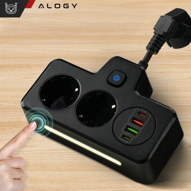 Alogy Plug Extender rozbočovač zásuvek rozbočovač adaptér prodlužovací kabel 2x EU zástrčka 2x USB 2x USB-C Černá