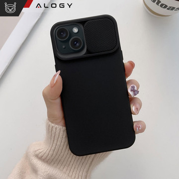 Case for iPhone 15 Plus Slide Case with Lens Protector Camera Housing Matte Black Alogy Soft Matt Glass