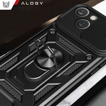 Armored case for iPhone 15 Plus Camshield Case Ring Alogy Stand with slide camera cover, black