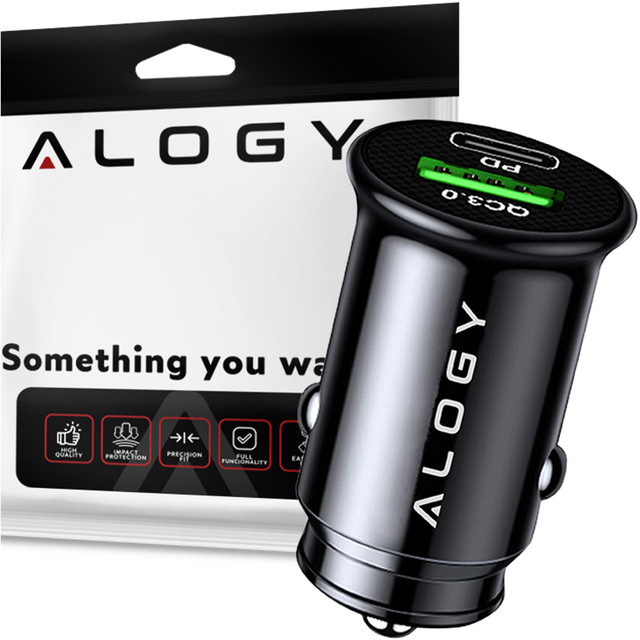 Ładowarka samochodowa 38W USB QC 3.0 18W + USB-C C PD 20W szybka mocna do telefonu Alogy Car czarna + Kabel USB-C 1m