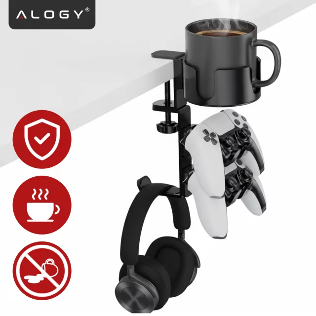 Uchwyt do biurka wielofunkcyjny – na kubek, pady i słuchawki, mocowanie do blatu, antypoślizgowy i stabilny – Alogy DeskClamp™ Czarny