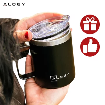 Thermobecher 420 ml mit Henkel und Deckel für Kaffee, Tee, Stahl, Kalt- und Heißgetränke, Alogy Black