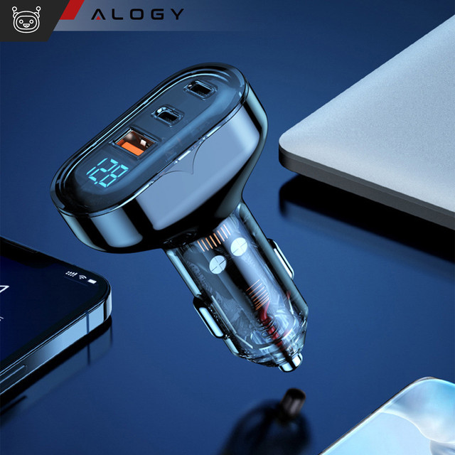 Car charger 2x USB-C C PD 36W USB QC 3.0 LED fast for phone, powerful 72W Alogy black