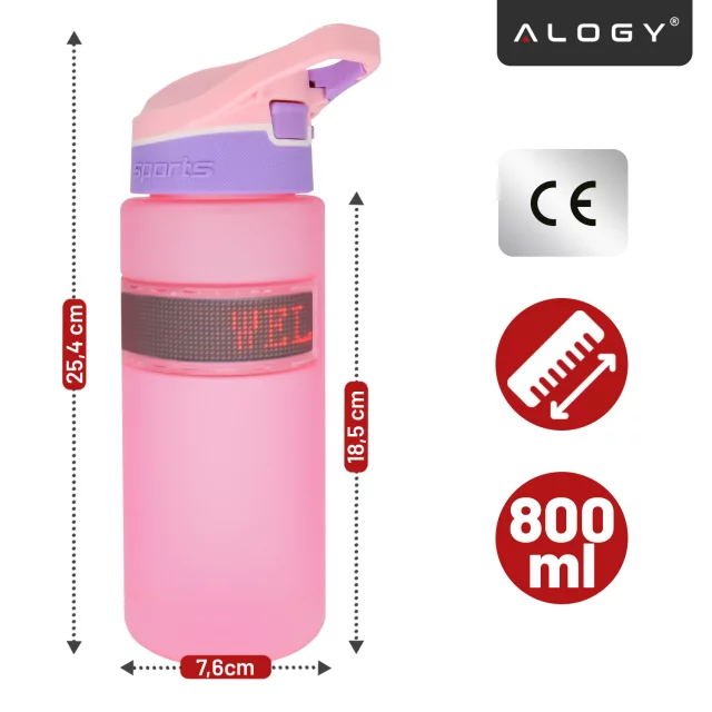 Butelka Bidon na Napoje LED, Inteligentna z Wyświetlaczem i Łącznością Bluetooth, Słomka, Motywacyjna, Wielokrotnego Użytku, Alogy FitBottle™ 800ml - Różowa