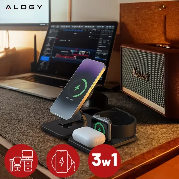 Ładowarka indukcyjna 3w1 składana Alogy MagCharge Foldable Pro do MagSafe do Apple iPhone Watch AirPods Czarna