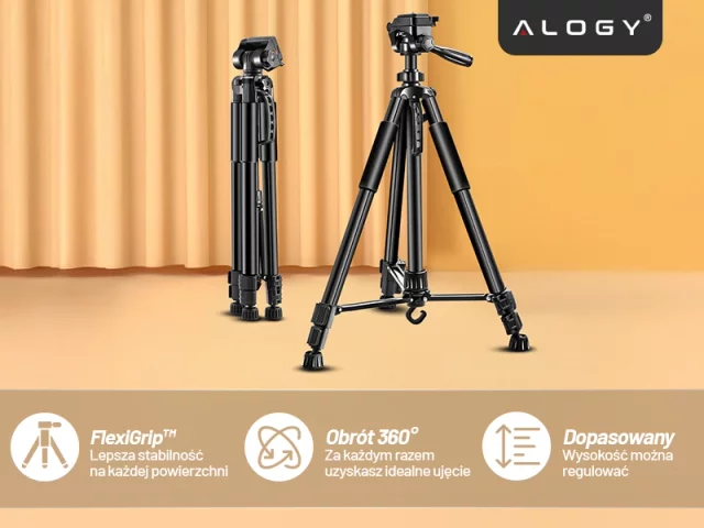 Fotografování ze stativu Stativ Univerzální stojan na fotoaparát 1/4 držák na telefon s fotoaparátem 170 cm Alogy Black