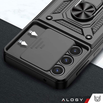Pouzdro pro Samsung Galaxy A55 5G Armored Slide Case Ring Pouzdro Ochrana fotoaparátu Camshield Alogy Black Glass
