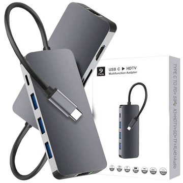 Adaptér Alogy HUB 9w1 HDMI 4K RJ45 USB-C PD 3xUSB AV SD/TF/microSD