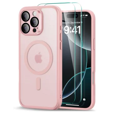 Sada 3v1 hybridních skleněných pouzder pro Apple iPhone 16 Pro, ochranné pouzdro Hybrid MagSafe s ochranným krytem objektivu, 2x tvrzené skleněné pouzdro na telefon Alogy 3v1, růžové