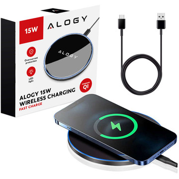 QI bezdrátová indukční nabíječka 15W rychlá LED Alogy kulatá pro iPhone USB-C kabel Černá