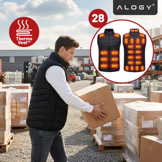 Kamizelka grzewcza z 28 strefami – 4-stopniowa regulacja temperatury, zasilanie USB, idealna na zimę i aktywności outdoor – Alogy ThermoVest™ Czarna (M)