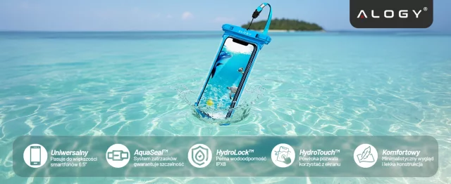 Etui Wodoodporne Uniwersalne IPX8 do Telefonów do 6.5", Wodoszczelna Ochrona na Plażę, Basen i Kajak, Dotykowy Front i Pasek na Szyję, Alogy HydroShield™ – Niebieskie