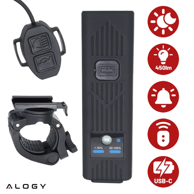 Lampka rowerowa SUPER JASNA 8H ŚWIECENIA przód LED przednia światło roweru z DZWONKIEM przewodowym oświetlenie 450LM 2000MAH wodoodporna światełko na rower czarna