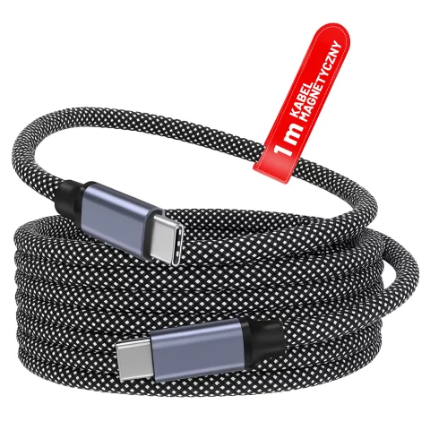 Kabel Zasilający USB-C do USB-C 65W 1m, Szybkie Ładowanie PD, Magnetyczny, Trwały i Elastyczny Przewód Kompatybilny z iPhone, MacBook i Android, Alogy MagiCharge™ – Czarny