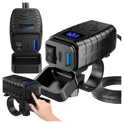 Ładowarka Motocyklowa z Wyświetlaczem, Szybkie Ładowanie 36W PD + QC 3.0, Porty USB-A i USB-C, Wodoodporna i Solidna, Alogy MotoCharge Pro™ – Czarna