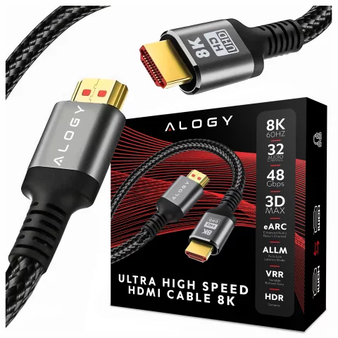 Kabel HDMI 2.1 10 m, 4K/8K Alogy Ultra High Speed™ 48 Gbps 60Hz, Premium z Pozłacanymi Końcówkami, Nylonowy Oplot, Miedziany – Czarny