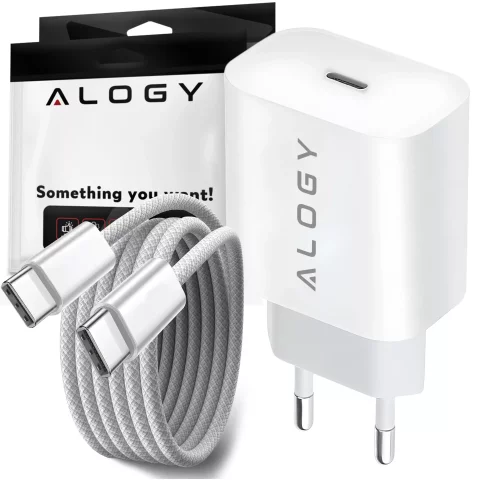 Ładowarka sieciowa szybka 30W USB-C USB typ C GaN PD do iPhone kostka Alogy Biała + Kabel USB-C 1m