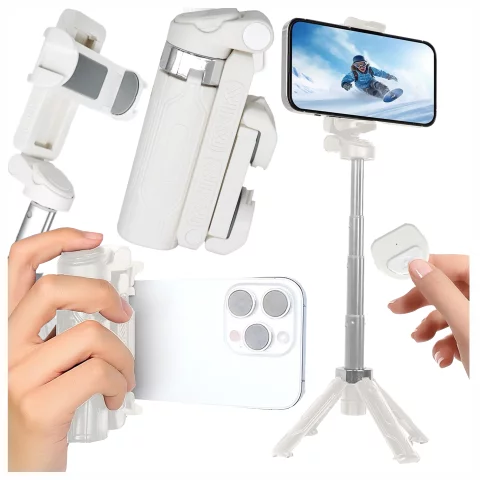 Selfie Stick Mini Tripod stabilny kompaktowy lekki Kijek do Selfie i Statyw Rozkładany 360° z Pilotem Bluetooth 10m, Stojak do Zdjęć i Nagrywania, Alogy FlexiShot™ Biały