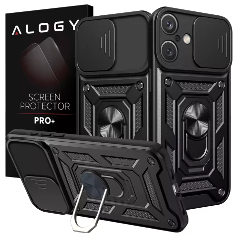 Etui do Apple iPhone 16 pancerne Slide Case Ring obudowa ochrona aparatu Camshield Alogy czarne + Szkło